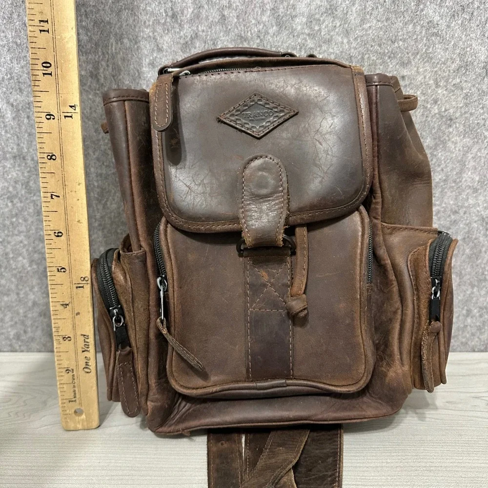 Vintage Tranco Backpack Women Small Brown Leather Multi Pocket Rucksack Bag‎